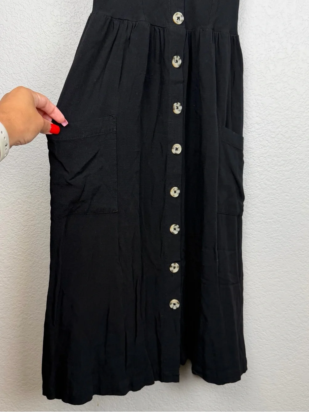 Good Luck Gem Black Button Front Midi Dress Size M Spaghetti Strap Boho
